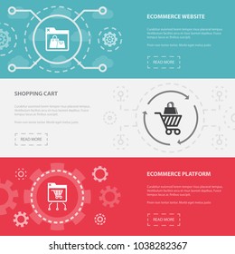 ECommerce 3 Horizontal Webpage Banners Template With ECommerce Website, Shopping Cart, ECommerce Platform Concept. Flat Modern Isolated Icons Illustration.