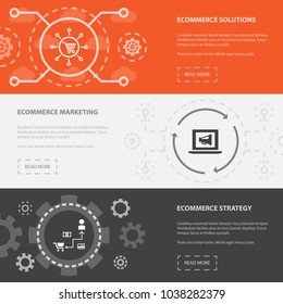 eCommerce 3 horizontal webpage banners template with eCommerce solutions, eCommerce marketing, eCommerce Strategy concept. Flat modern isolated icons illustration.