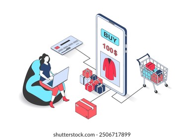 E-commerce 3d isometric concept with isometry people design for web. Woman choosing new clothes at laptop or mobile app, ordering products and making online payment, gets gifts. Vector illustration.