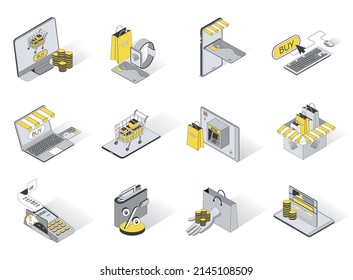 E-commerce 3d isometric icons set. Pack elements of selection and ordering of goods online in store or supermarket, payment by credit card, discounts. Vector illustration in modern isometry design