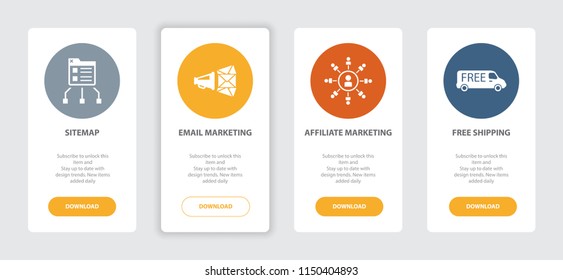 eCommerce 4 webpage banners concept template with SiteMap, Email Marketing, Affiliate Marketing, Free Shipping icons. Trendy web UI design concept