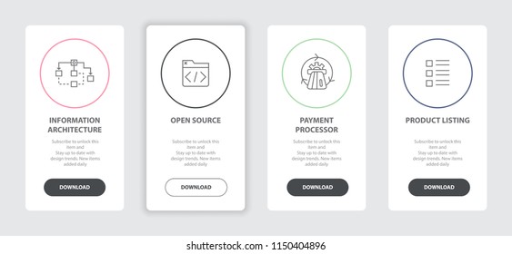 eCommerce 4 webpage banners line concept template with Information Architecture, Open Source, Payment Processor, Product Listing icons. Modern web UI design concept