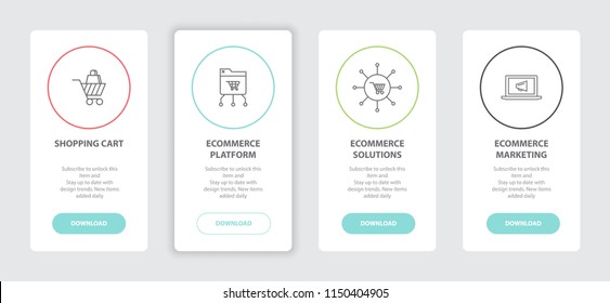 eCommerce 4 webpage banners line concept template with shopping cart, eCommerce platform, eCommerce solutions, eCommerce marketing icons. Modern web UI design concept