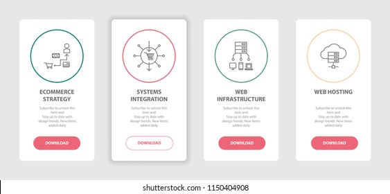 eCommerce 4 webpage banners line concept template with eCommerce Strategy, Systems Integration, Web Infrastructure, Web Hosting icons. Modern web UI design concept