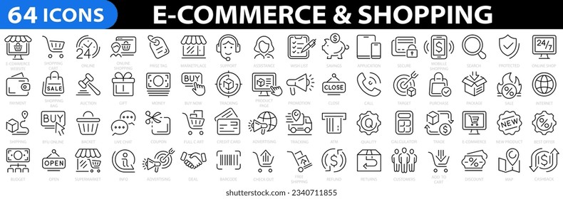 Conjunto de iconos de E-commerce 64. Comercio electrónico, compras en línea, entrega, tienda, marketing, dinero, mercado. Ilustración vectorial.