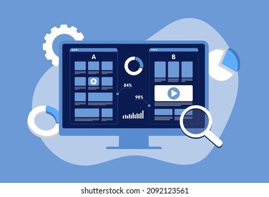 E-commerce AB testing flat vector concept - split test comparison with randomized experiments campaign. Smartphone with two A-B websites with a different web development UI interface on the screen