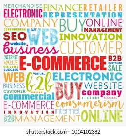 E-COMMERCE - activity of electronically buying or selling of products on online services or over the Internet, word cloud concept background