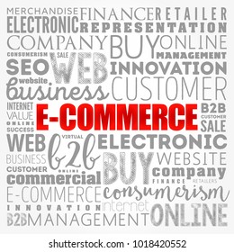 E-COMMERCE - activity of electronically buying or selling of products on online services or over the Internet, word cloud concept background