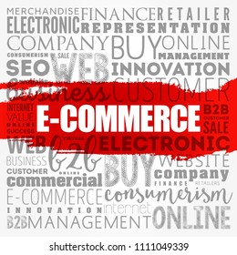 E-COMMERCE - activity of electronically buying or selling of products on online services or over the Internet, word cloud concept background