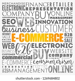 E-COMMERCE - activity of electronically buying or selling of products on online services or over the Internet, word cloud concept background
