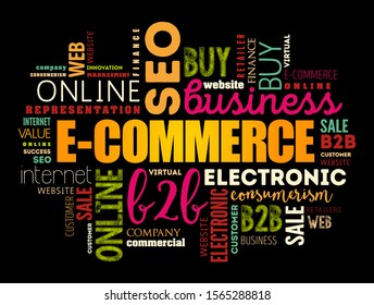 E-COMMERCE - activity of electronically buying or selling of products on online services or over the Internet, word cloud concept background