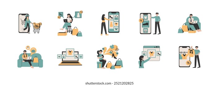 E-Commerce Activity flat illustration set. Include of delivery, retail, customer, discount, and promotion. Vector illustration isolated.