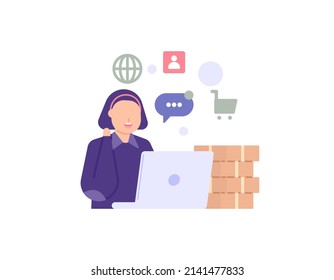 e-commerce admin, customer service. a female staff serves and responds to chats and complaints from customers or buyers. online store. profession and work. flat cartoon illustration. concept design