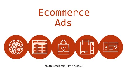 ecommerce anuncia el concepto de fondo con los iconos de los anuncios de ecommerce. Bolsa de compra relacionada con los iconos, sitio web, internet