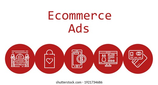 E-Commerce-Anzeigen Hintergrundkonzept mit E-Commerce-Anzeigen-Symbole. Symbole für Einkaufstasche, Debitkarte, Website, Gateway, Online-Zahlung