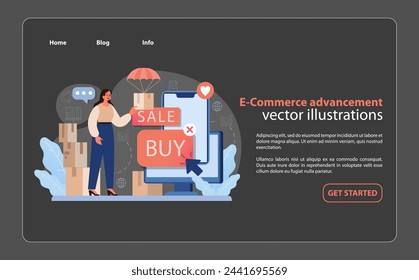 E-Commerce Advancement. A seamless online shopping experience illustrated through sale and purchase interaction. Flat vector illustration.