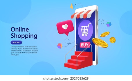 E-commerce advertising illustration. fast online delivery service. package box with groceries out of mobile screen. Food delivery. Online shopping. Parcel box with order confirmation icon on computer.