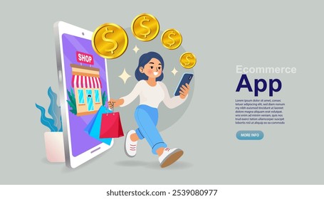 E-commerce advertising illustration. fast online delivery service. marketing and digital marketing.Woman walking near big mobile phone. Internet digital store scene with people on shopping. 