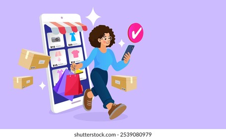 E-commerce advertising illustration. fast online delivery service. marketing and digital marketing.Woman walking near big mobile phone. Internet digital store scene with people on shopping. 