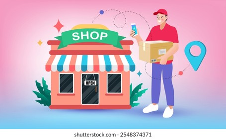 Ilustración de publicidad de comercio electrónico. servicio de entrega en línea rápida. Manos que sostienen una caja del paquete con los comestibles fuera de la pantalla móvil. Escena digital de la tienda de Internet con la gente en compras. Vector, piso