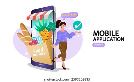E-commerce advertising illustration. fast online delivery service. Hands holding a package box with groceries out of mobile screen. Food delivery.