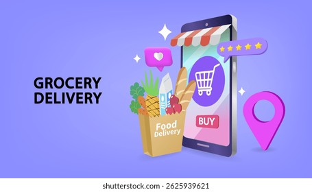 E-commerce advertising illustration. fast online delivery service. Hands holding a package box with groceries out of mobile screen. Food delivery.Online shopping. Home shopping shop mobile app. Vector