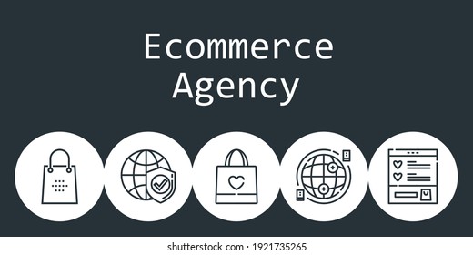 concepto de fondo de la agencia ecommerce con iconos de la agencia ecommerce. Bolsa de compra relacionada con los iconos, lista de deseos, Internet