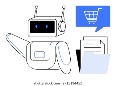 Comercio electrónico, tecnología de IA, compras en línea, automatización digital, Asistencia al cliente, gestión de datos. Un brazo robot, burbuja de pensamiento de Carrito de compras y documentos. Conceptos de comercio electrónico y tecnología de IA