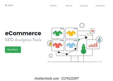 eCommerce analytics, analysis of ecommerce marketing, sales CRM, Big data, - thin outline vector illustration with icons and texts