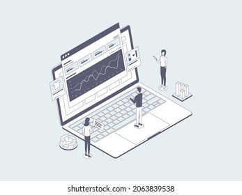 E-Commerce Analytics Isometric Illustration Lineal Gray. Suitable for Mobile App, Website, Banner, Diagrams, Infographics, and Other Graphic Assets.