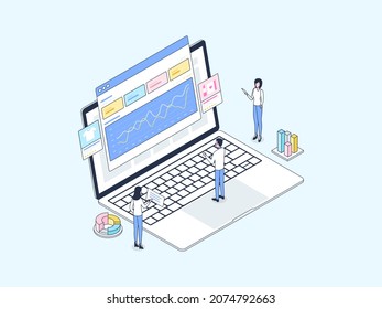 E-Commerce Analytics Isometric Illustration Lineal Color. Suitable for Mobile App, Website, Banner, Diagrams, Infographics, and Other Graphic Assets.