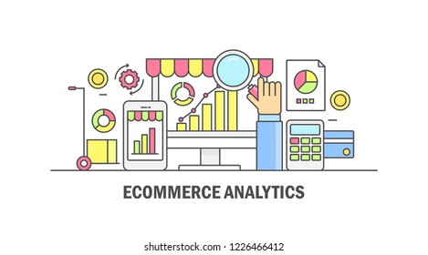 E-commerce analytics, Marketing data, Business analysis flat line vector banner isolated on white background
