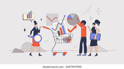 E-commerce analytics and sales calculation neubrutalism tiny person concept. Business data research using audit and financial charts with profit information vector illustration. Company development.