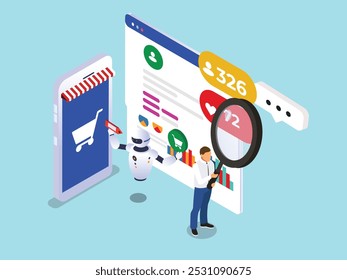 E-commerce Analytics and Social Media Interaction 3d isometric vector illustration