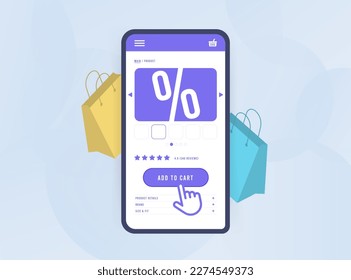 Aplicación eCommerce - conveniencia del concepto de comercio móvil. Aplicación de comercio móvil de compra electrónica con página de producto realista, pulsando sobre el botón añadir al carrito y la bolsa de compra en segundo plano