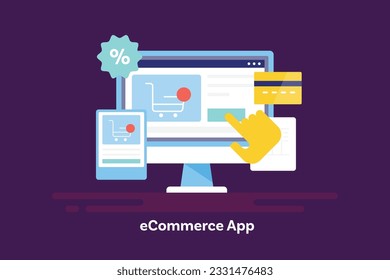 eCommerce app. Customer order. Online shop. Smartphone eCommerce application. Secure credit card payment checkout. Vector illustration with icons