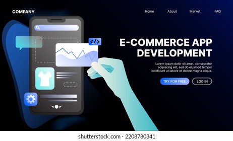 Ecommerce App Development. Landing Page Template. Vector illustration