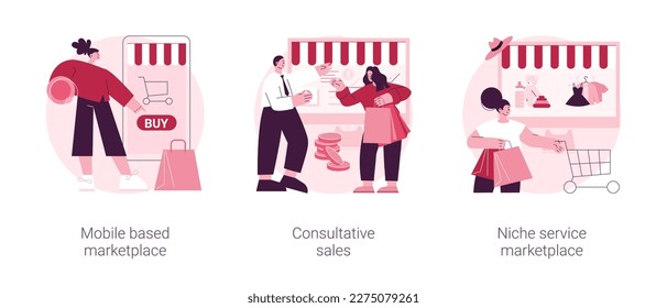 E-commerce application abstract concept vector illustration set. Mobile based marketplace, consultative sales, niche service online retail, buy and sell products with smartphone abstract metaphor.