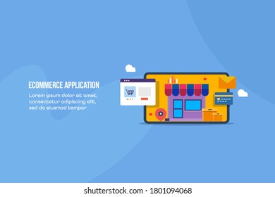 Ecommerce application, Ecommerce app for mobile, Shopping app - conceptual flat design vector illustration with icons