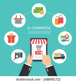 E-Commerce Application Development. Businessmans Hand Holding Tablet Online Shopping. vector illustration flat design. isolated on blue background.