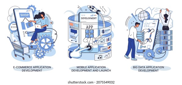 Desarrollo de aplicaciones de comercio electrónico, desarrollo y lanzamiento de aplicaciones móviles, conjunto de vectores de procesamiento de grandes datos. Software de Smartphone, ganancia. Concepto abstracto de software comercial, ingeniería de bases de datos