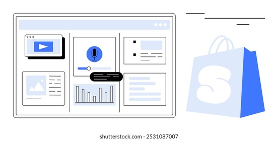 E-commerce application interface with features like video, voice assistant, image, analytics graph, and info cards. Blue shopping bag icon. Ideal for digital marketing, online shopping, business