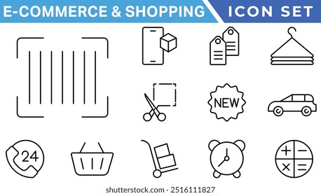 Conjunto de coleta de ícones de Compras de email commerce. Ícones de linha fina de compras online. Vetor de ícones de compras