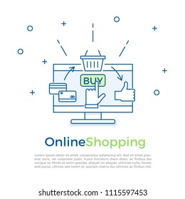 Ecommerce background banner. Online shopping process. Vector banner illustration for online marketing and sales. Hand clicking on buy button. Credit card buying basket of online goods