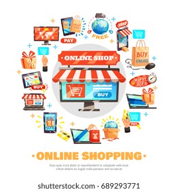 E-commerce background with computer screen storefront concept and circle composition of isolated online shopping icons vector illustration