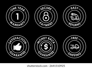 E-commerce badges icons set. Online shopping icon sign white on black background