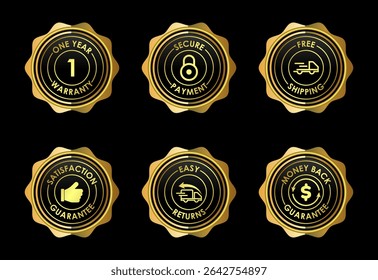 E-commerce badges icons set. Online shopping icon sign golden color on black background