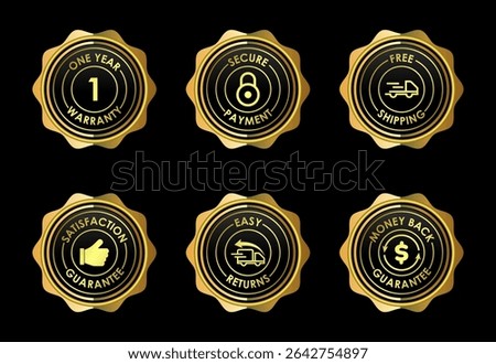 E-commerce badges icons set. Online shopping icon sign golden color on black background