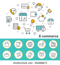 E-commerce banner in flat style. Outline vector icons.