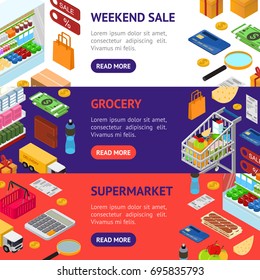 E-commerce Banner Horizontal Set Mobile Shopping Technology and Delivery Service Isometric View. Vector illustration